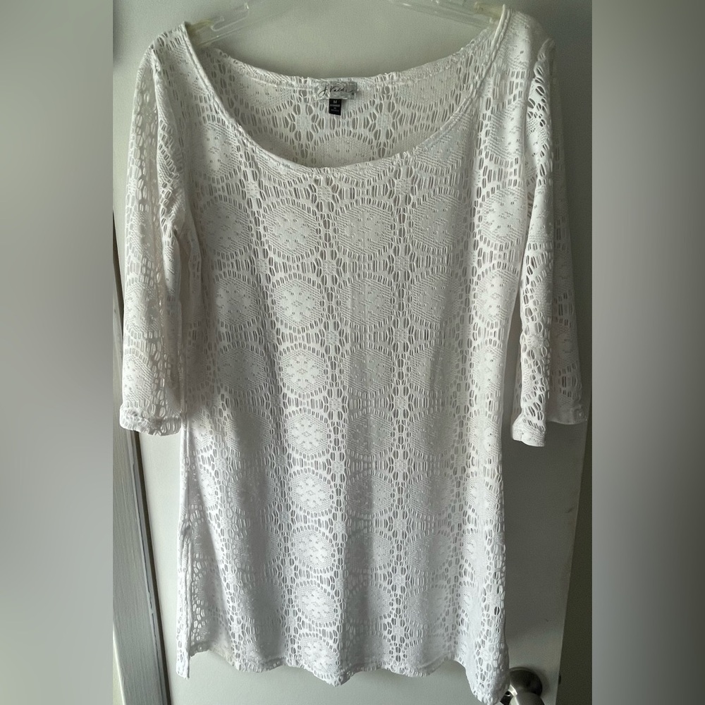 J. VALDI BEACH/POOL COVER UP- LACEY TUNIC STYLE MINI DRESS IN WHITE- LADIES SZ M
